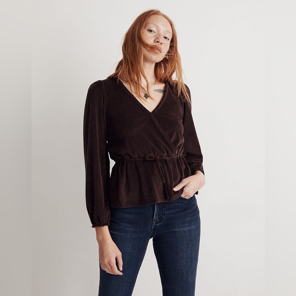NWT Madewell Corduroy Tie Front Faux Wrap Top in Spiced Raisin